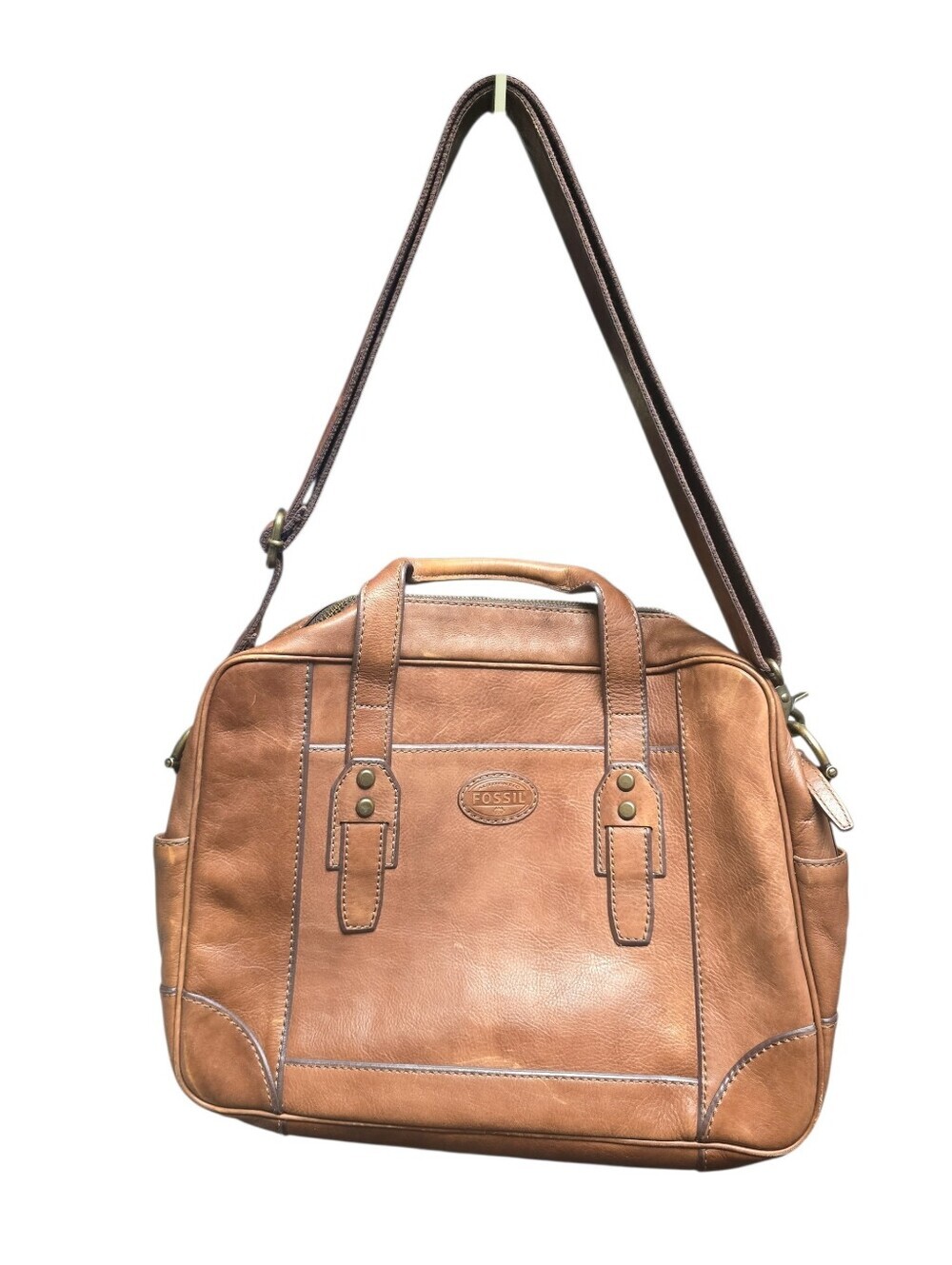 Vtg. Fossil Leather Briefcase Messenger  Computer  Adjustable Straps